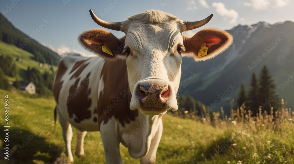Generative AI, cow against the backdrop of alpine mountains and meadows, farm animals, organic milk, green grass, pasture, sky