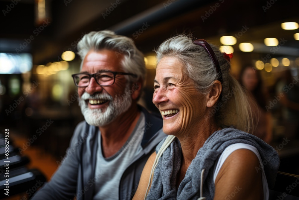 Older couple exercising together in a gym - stock photography