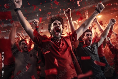 Excited football fans cheering a goal, supporting favorite players. Concept of sport, human emotions, entertainment.