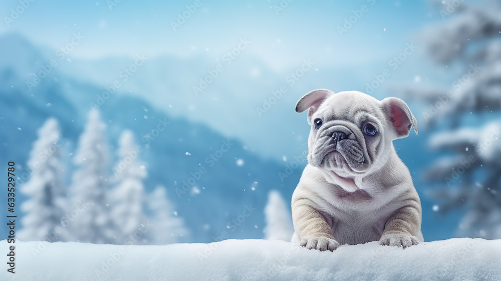 Cute baby bulldog puppy dog sitting on white snow with sky background. Copy space area that can place a text. Digital illustration generative AI.