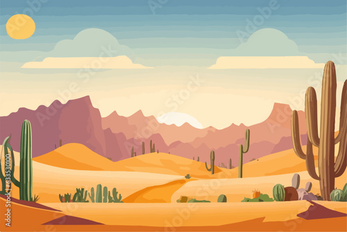 Cartoon desert landscape with cactus, hills, sun and mountains silhouettes, vector nature horizontal background.