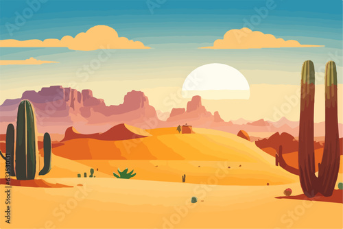 Cartoon desert landscape with cactus, hills, sun and mountains silhouettes, vector nature horizontal background.