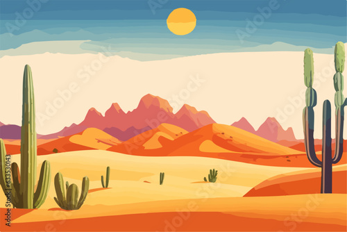 Cartoon desert landscape with cactus, hills, sun and mountains silhouettes, vector nature horizontal background.