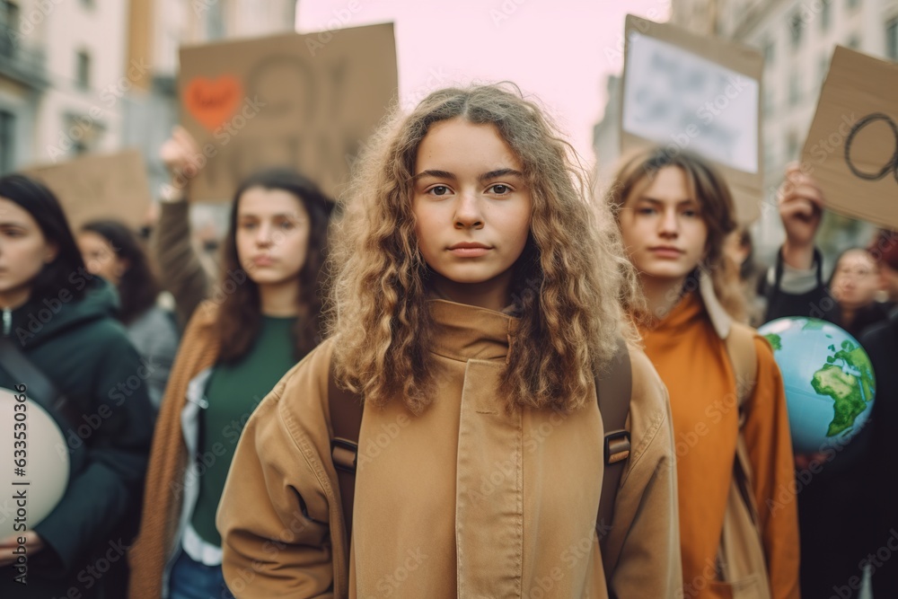 Obraz premium Group of students on the streets demonstrating against climate change. People protesting for problem in ecology, environment, global warming, industrial influence, climate emergency.
