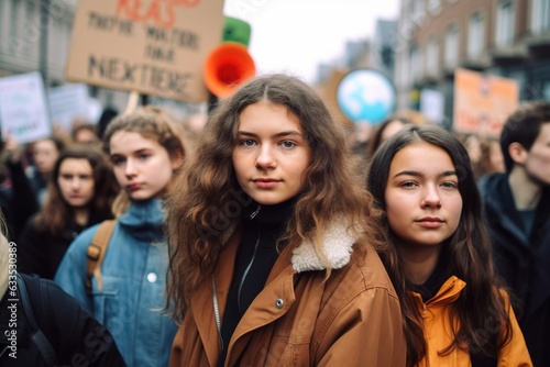 Group of students on the streets demonstrating against climate change. People protesting for problem in ecology, environment, global warming, industrial influence, climate emergency. © Bojan