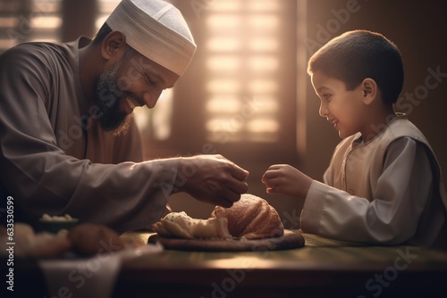 Muslim father passing his son Lafah Bread during dinner at dining table on Ramadan. photo