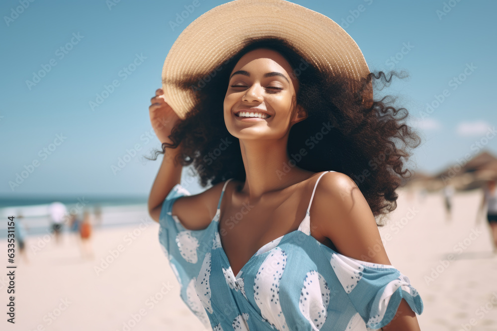 Vibrant image of a happy young black woman with afro hair, enjoying the beach environment. Perfect for beach, happiness, and diversity-themed visuals.