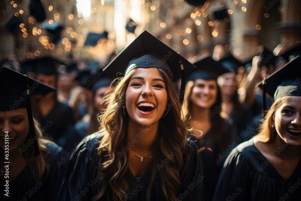 Obraz premium Graduates celebrating with caps and gowns - stock photography