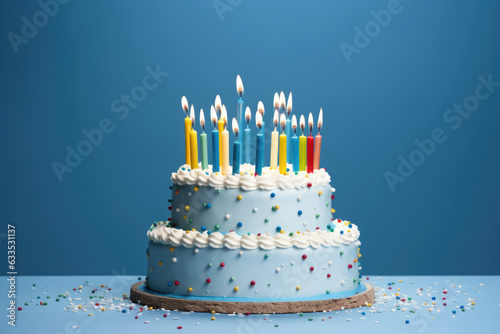 Vibrant image featuring a birthday cake adorned with lit candles, set against a cheerful blue background. Perfect for celebrations, joy, and festive-themed visuals.
