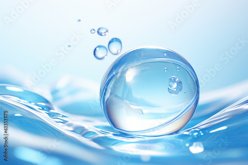 Single water droplet suspended gracefully on a serene blue background. Perfect for nature, purity, and tranquility-themed visuals.