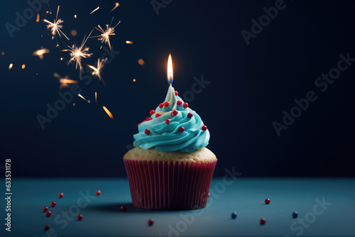 Delightful birthday cupcake adorned with a single lit candle, set against a dark backdrop. Perfect for celebrations, joy, and special occasions.