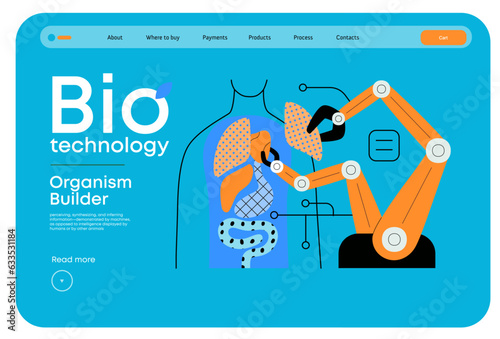 Bio Technology, Organism Builder -modern flat vector concept illustration of robot assembling organism using blocks, parts representing organ systems. Metaphor of regenerative medicine and 3D printing