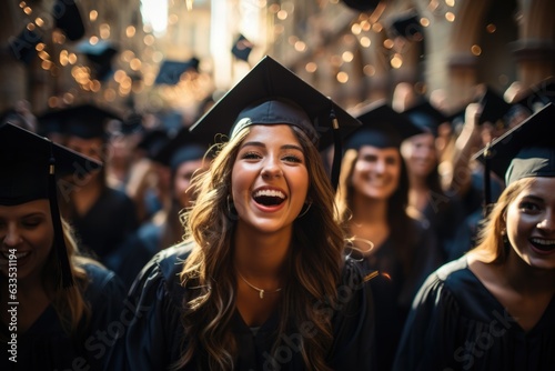 Graduates celebrating with caps and gowns - stock photography