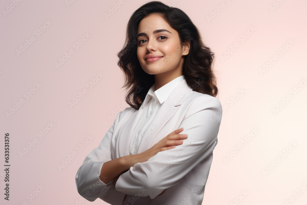 Portrait of a happy and smiling businesswoman wearing a white shirt and a business-themed T-shirt. Perfect for professionalism, positivity, and modern work attire visuals. Portrait of a happy and smiling businesswoman wearing a white shirt and a business-themed T-shirt. Perfect for professionalism, positivity, and modern work attire visuals.
