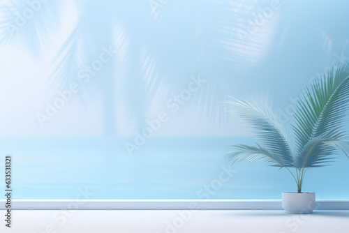 A vibrant plant in a planter positioned on a background shelf with a serene blue sea view. Perfect for nature, decor, and coastal-themed visuals.