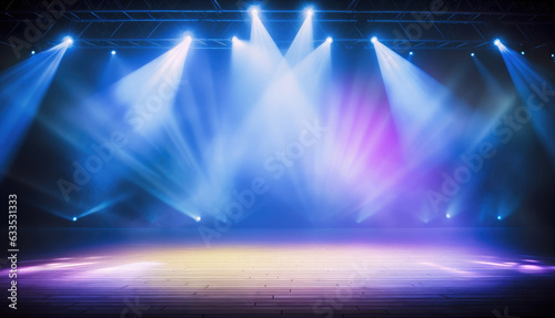 An empty stage club with blue and yellow bright stage lights and lights beams through a smokey atmosphere background, Generative AI © amankris99
