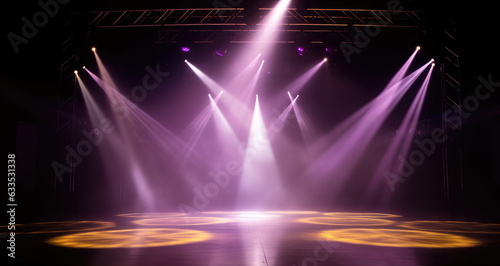 An empty stage club with purple and yellow bright stage lights and lights beams through a smokey atmosphere background, Generative AI