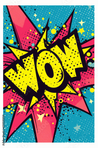 A vibrant pop art poster featuring the word "Wow" in bold colors and captivating typography - Colorful 2D Comic Art