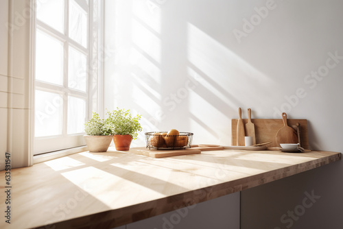 Empty table light kitchen in a sunny day. Generative AI