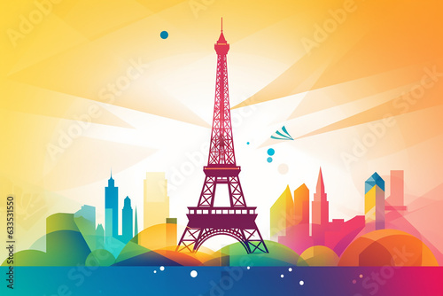 Tour Eiffel symbol design postcard Olympic games, yellow background. Generative AI