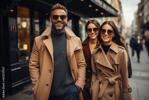 Stylish friends walking together in urban setting - stock photography