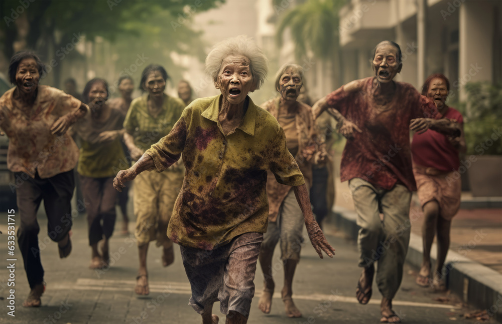 A terrifying horde of zombies sprinting through a deserted street on Halloween night