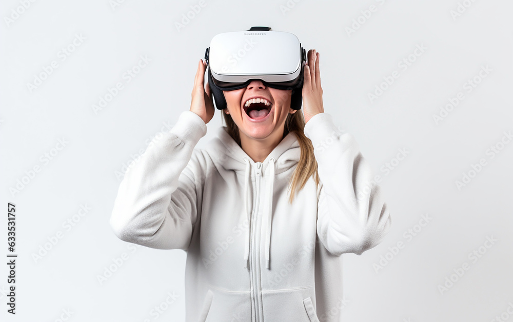 VR. With a happy and surprised expression, a young woman uses VR goggles VR. With a happy and surprised expression, a young woman uses VR goggles
