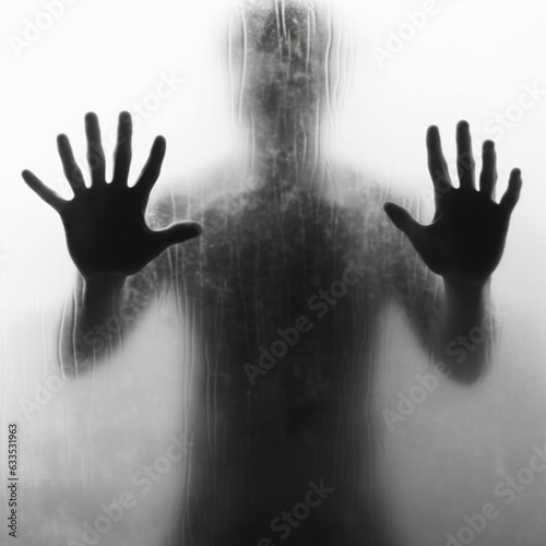 A spooky Halloween scene with zombie hands reaching out from a window