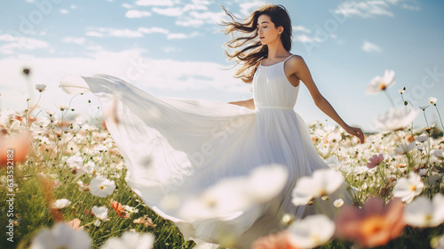 白いドレスの女性と花畑