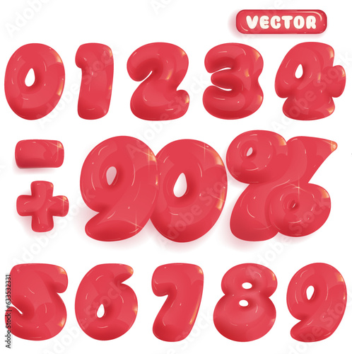 3D Red voluminous inflated glossy Letter. 0, 1, 2, 3, 4, 5, 6, 7, 8, 9 numeral alphabet. Vector Isolated Number.