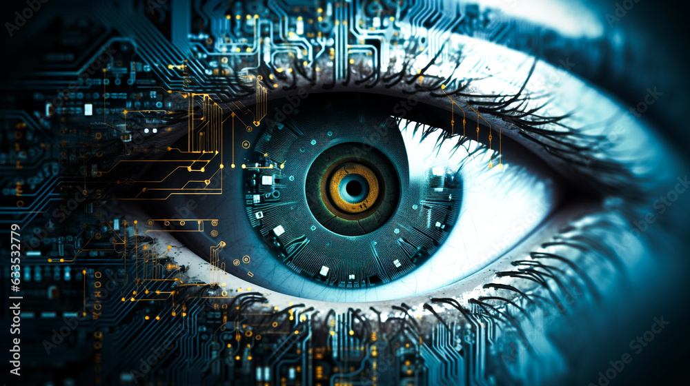 Synthetic Insight: Close-Up of Human Eye Enhanced with Circuit Chip, Motherboard, and AI Data Infusion. Synthetic Insight: Close-Up of Human Eye Enhanced with Circuit Chip, Motherboard, and AI Data Infusion.