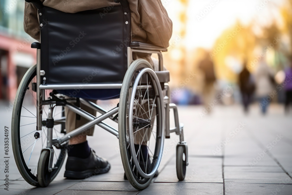 back view. a man is sitting in a wheelchair. support and assistance to a disabled person, a person with disabilities back view. a man is sitting in a wheelchair. support and assistance to a disabled person, a person with disabilities