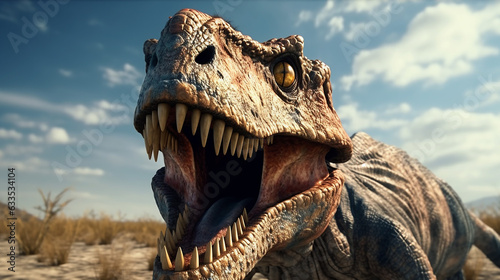 Dinosaur roars fiercely in the prehistoric landscape