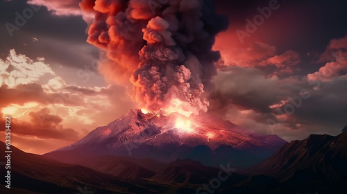 Erupting mountain spews fiery ash into the sky mountain background