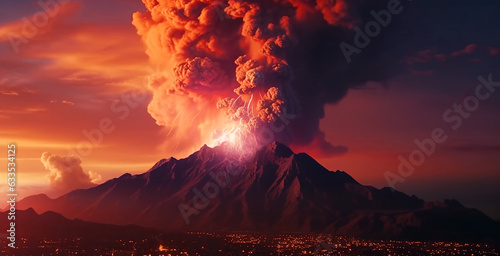 Erupting mountain spews fiery ash into the sky mountain background photo