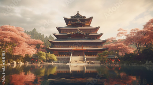 A painting of a pagoda with pink flowers and a mountain