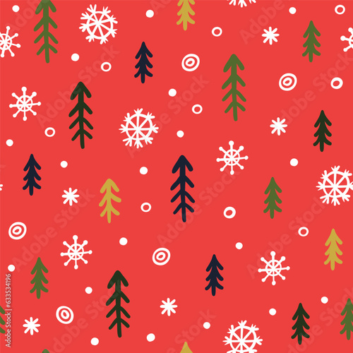 Christmas trees and snowflakes abstract seamless pattern (ID: 633534196)