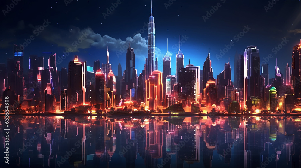 Futuristic city skyline illuminated by night lights