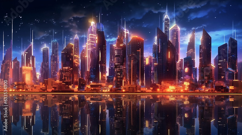Futuristic city skyline illuminated by night lights