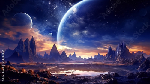 Futuristic fantasy night landscape with abstract background