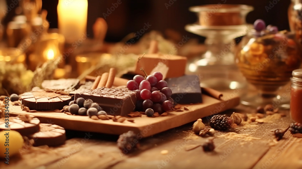 Gourmet chocolate dessert on wooden table decorated with spices