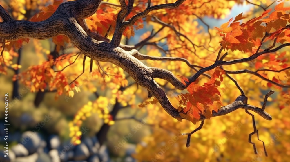 Leafy tree branch in vibrant autumn color