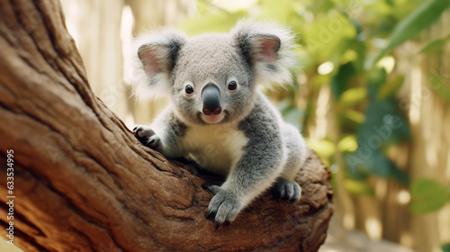 Marsupial koala cute fur close up outdoors looking tree background