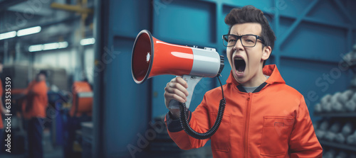 A young employee of an industrial warehouse communicates energetically with his colleagues through a megaphone in an industrial plant,copy space photo