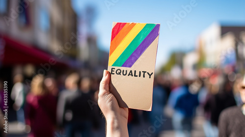close-up of a hand holding a sign that says equality