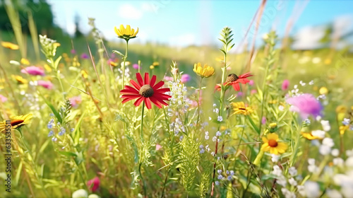 Nature beauty in summer meadow with wildflowers background