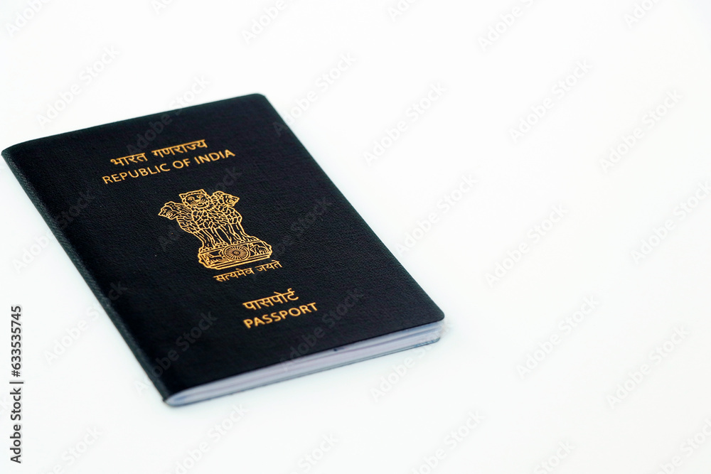 indian passport in close up with white background and space