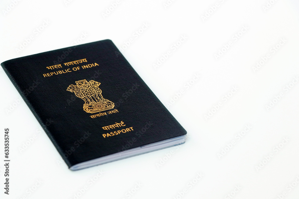 indian passport in close up with white background and space indian passport in close up with white background and space