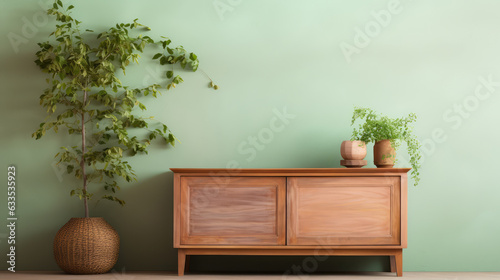 a wooden sideboard in a tranquil living room interior design ai generated