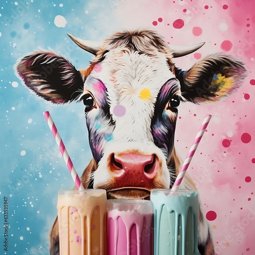 Portrait of a cute fun cow with colorful milkshakes. Generative AI	
